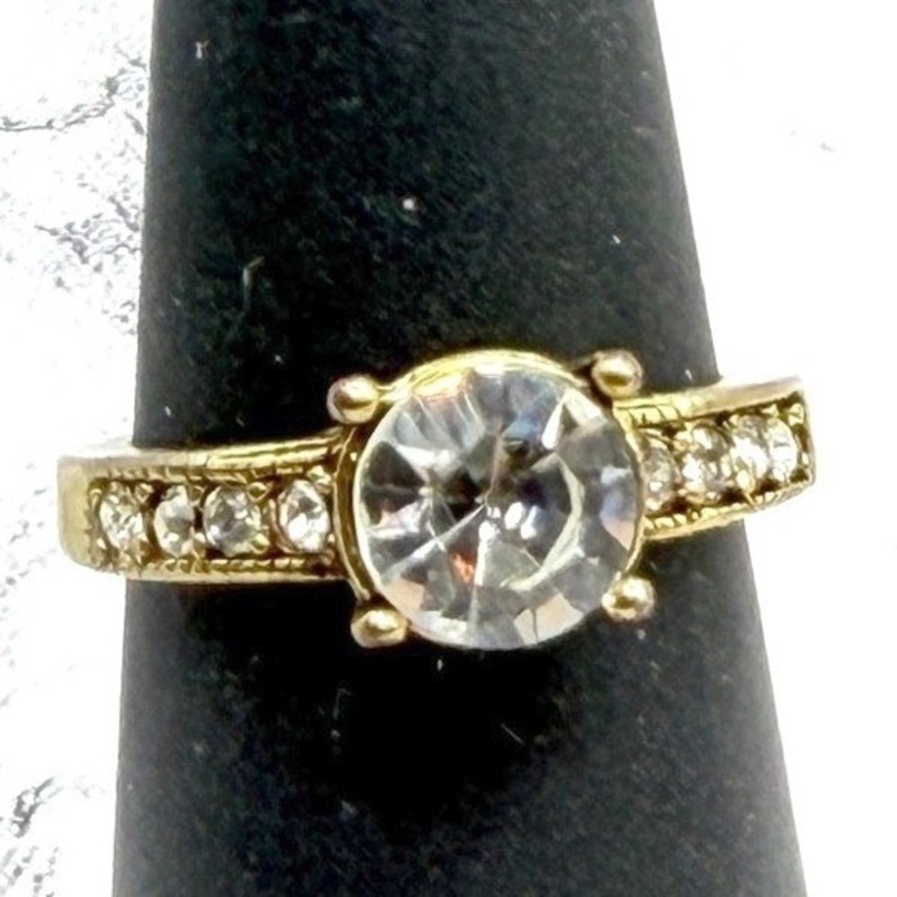 Solitaire Ring Size 6 Gold Tone Clear Stone Side Accent Bridal Style SEE VIDEO